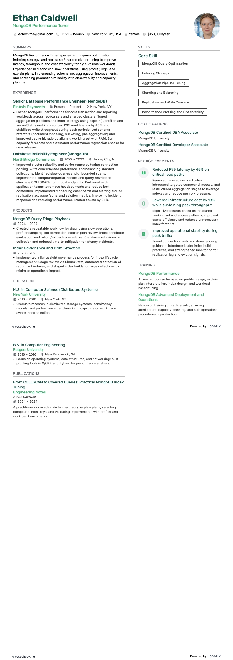 MongoDB Performance Tuner example resume