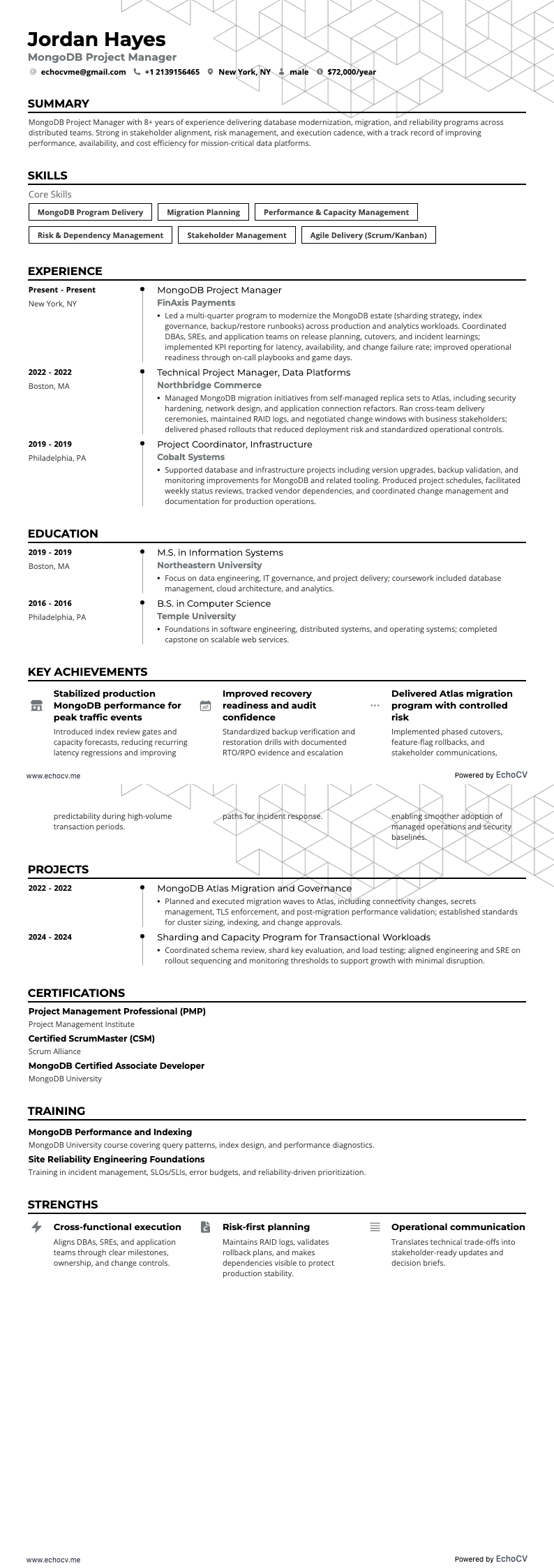 MongoDB Project Manager example resume