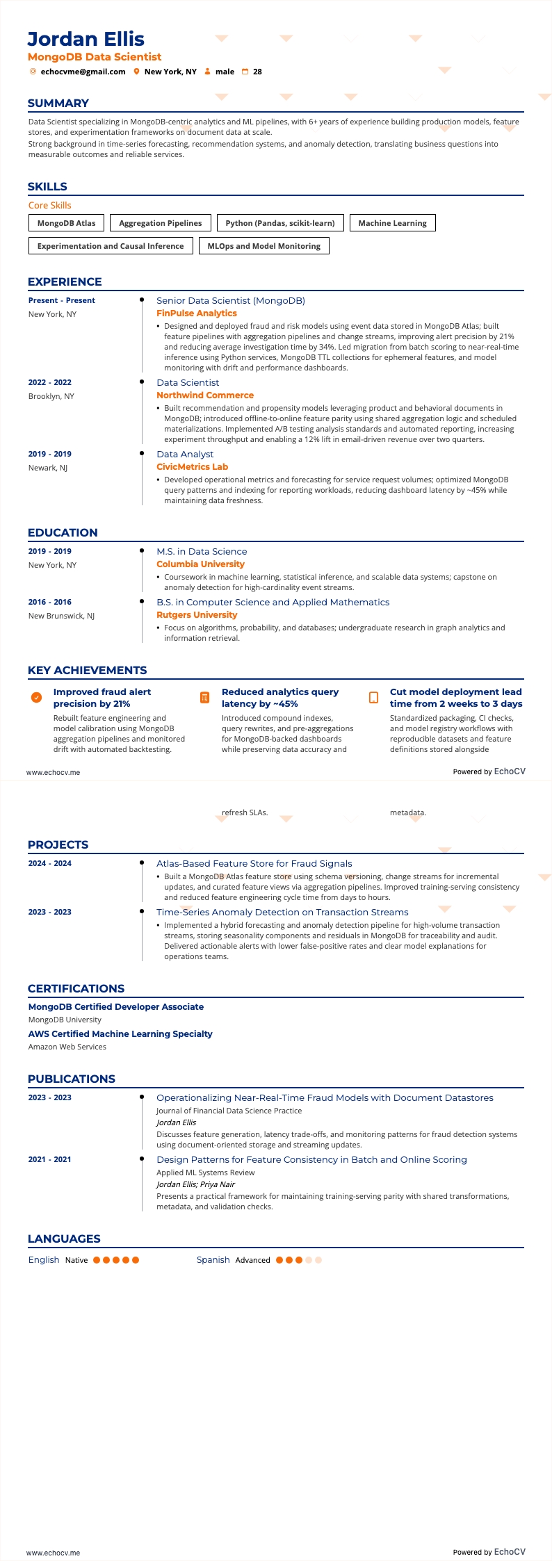MongoDB Data Scientist example resume