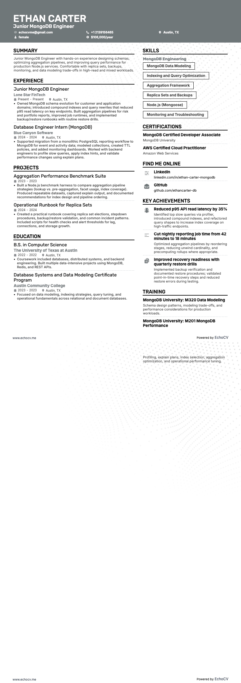 Junior MongoDB Engineer example resume