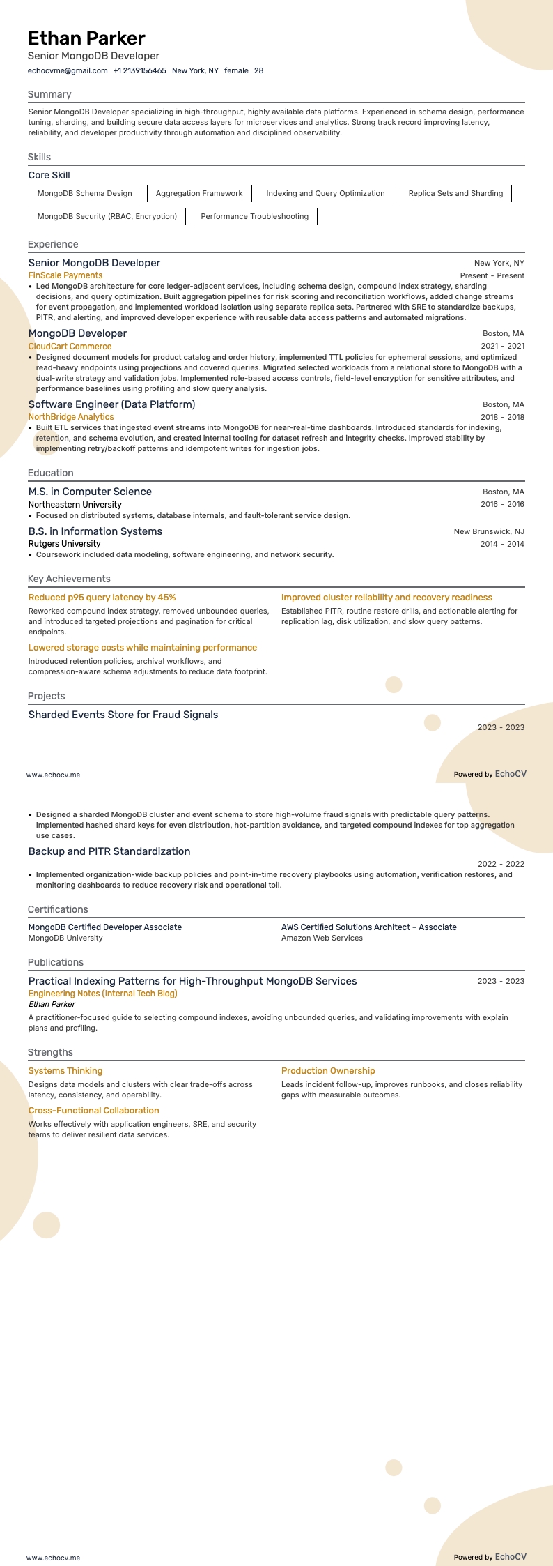Senior MongoDB Developer example resume