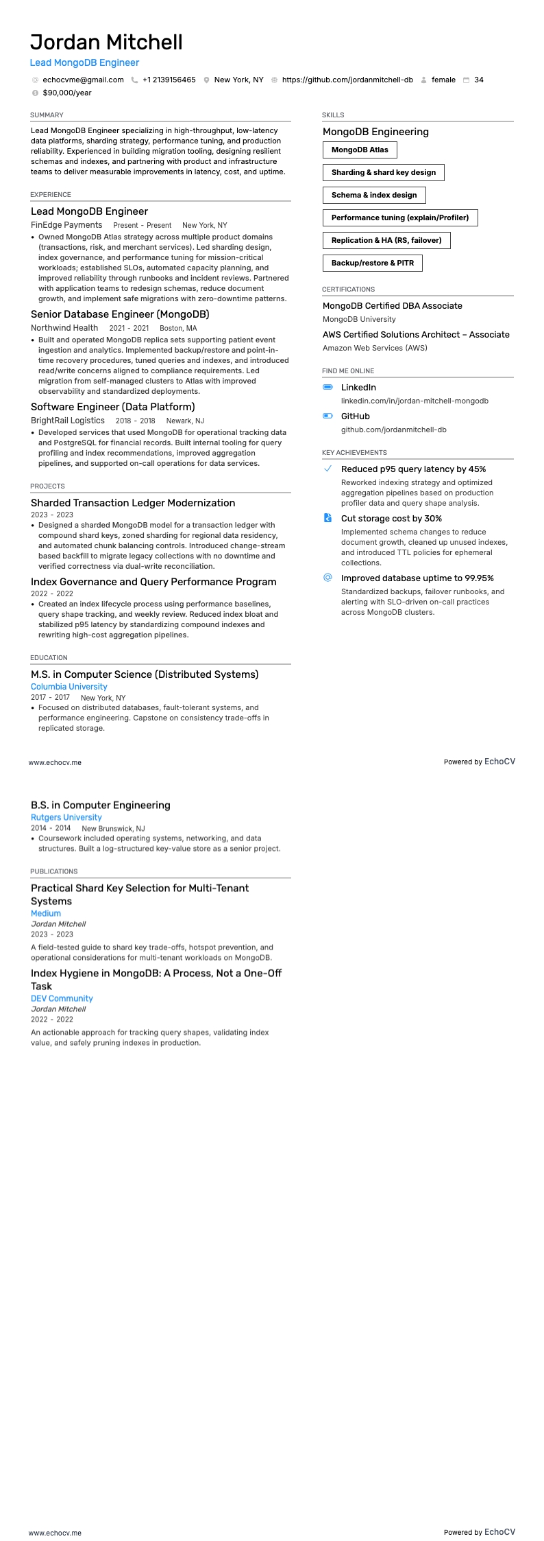 Lead MongoDB Engineer example resume