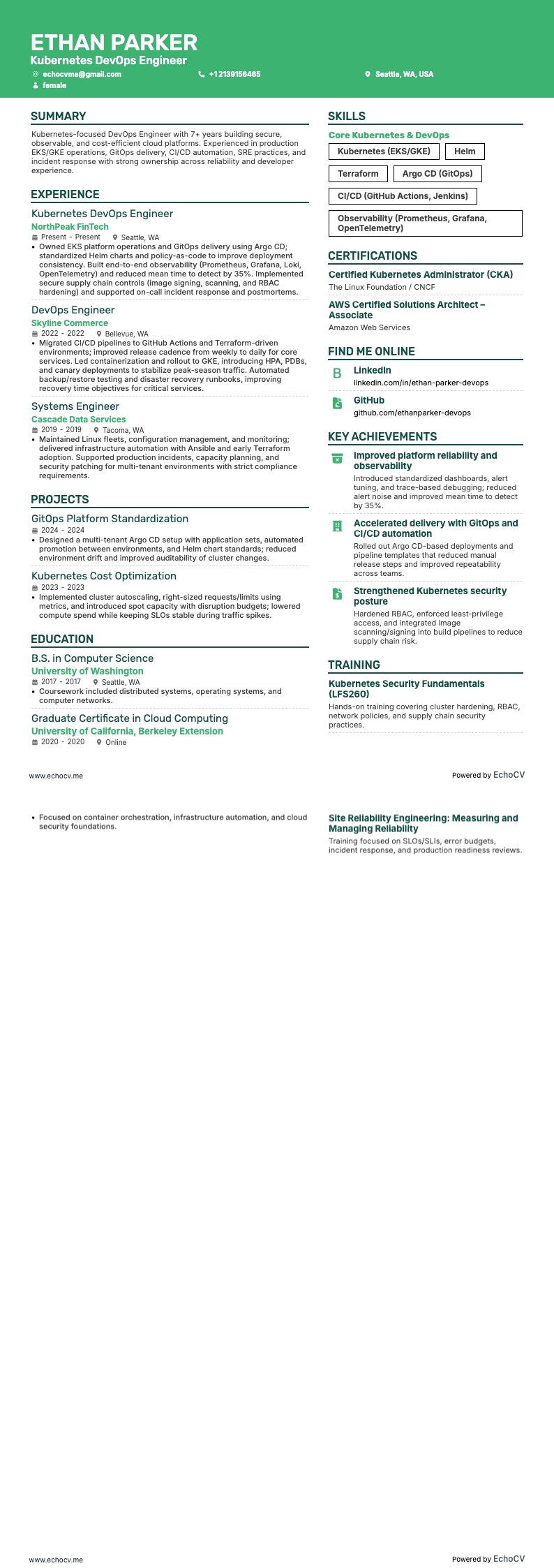 Kubernetes DevOps Engineer example resume