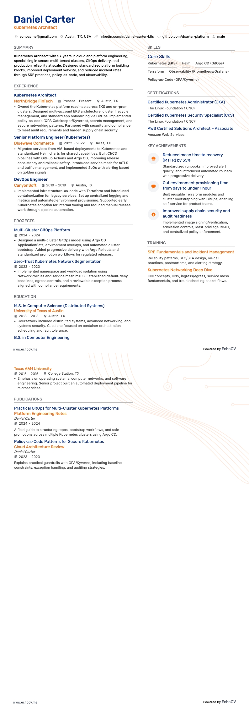 Kubernetes Architect example resume