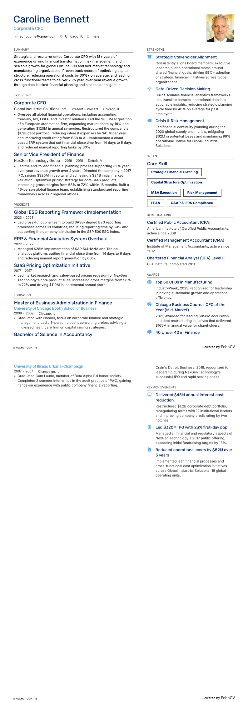 Corporate CFO example resume