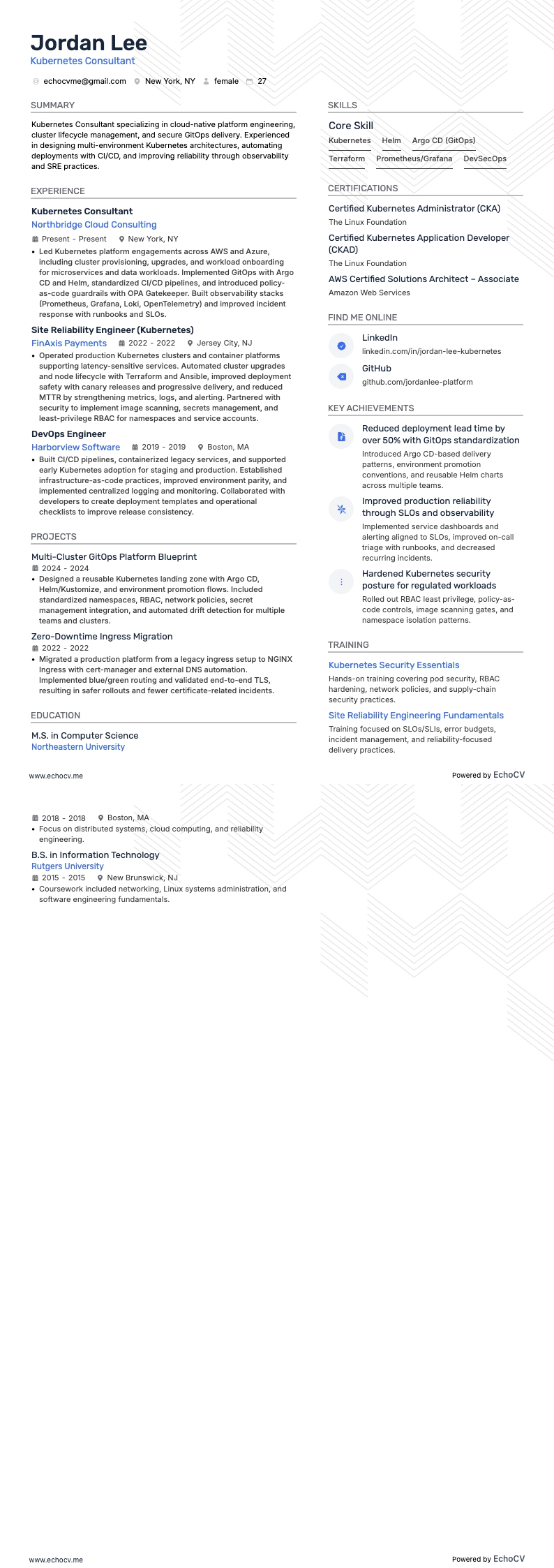 Kubernetes Consultant example resume