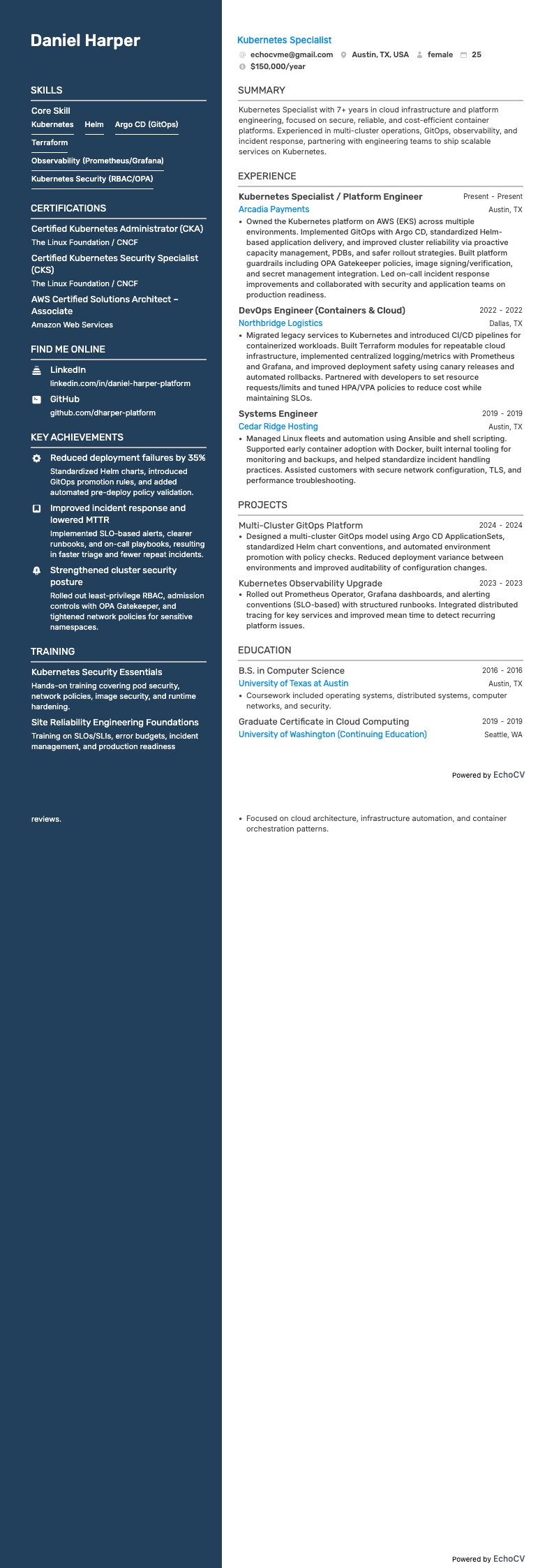 Kubernetes Specialist example resume