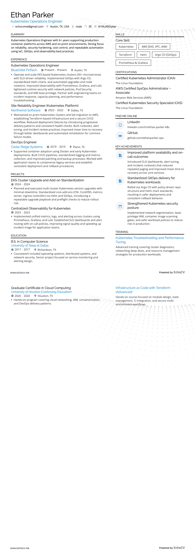 Kubernetes Operations Engineer example resume