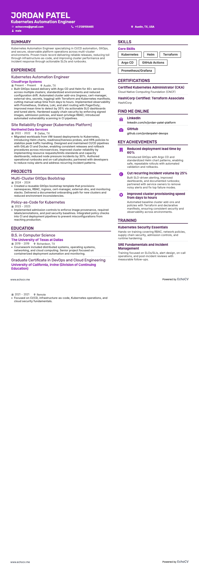 Kubernetes Automation Engineer example resume