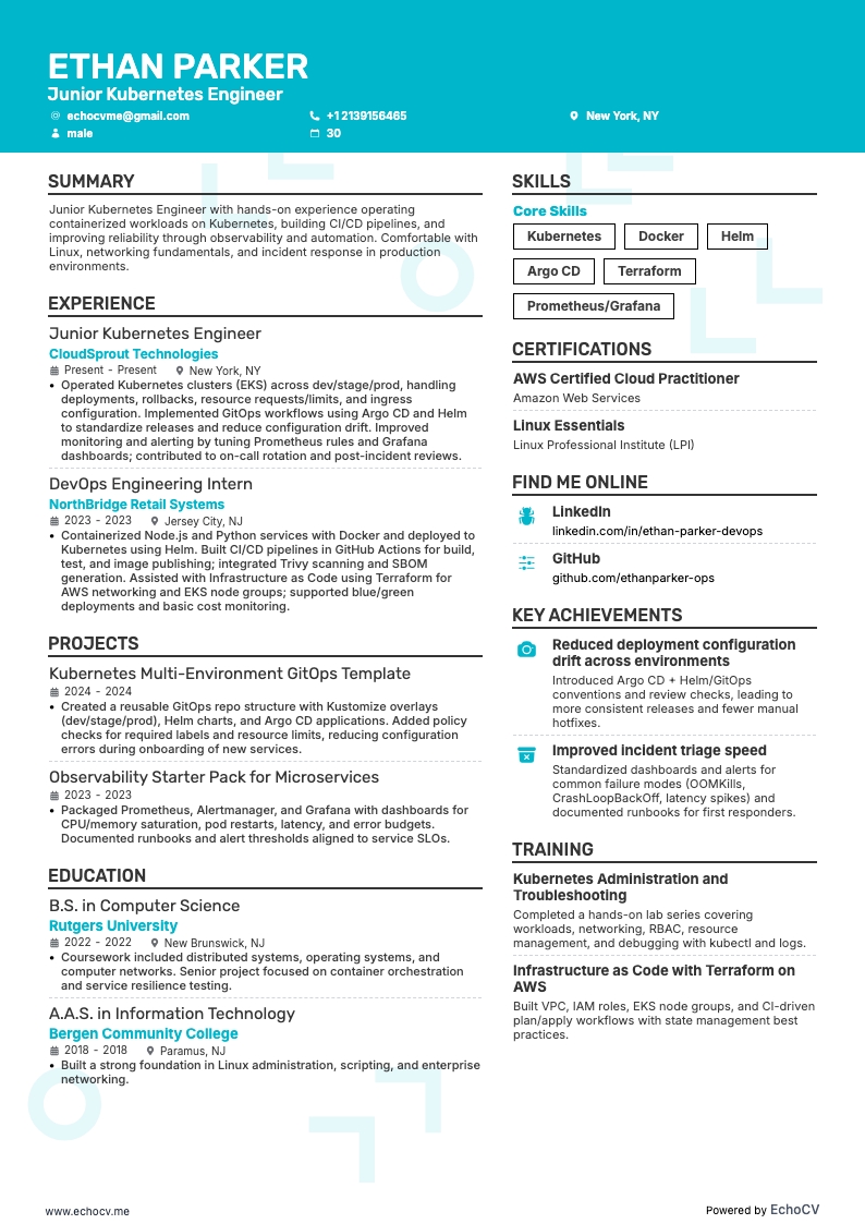 Junior Kubernetes Engineer example resume