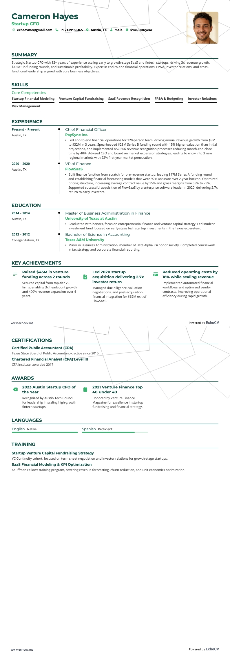 Startup CFO example resume