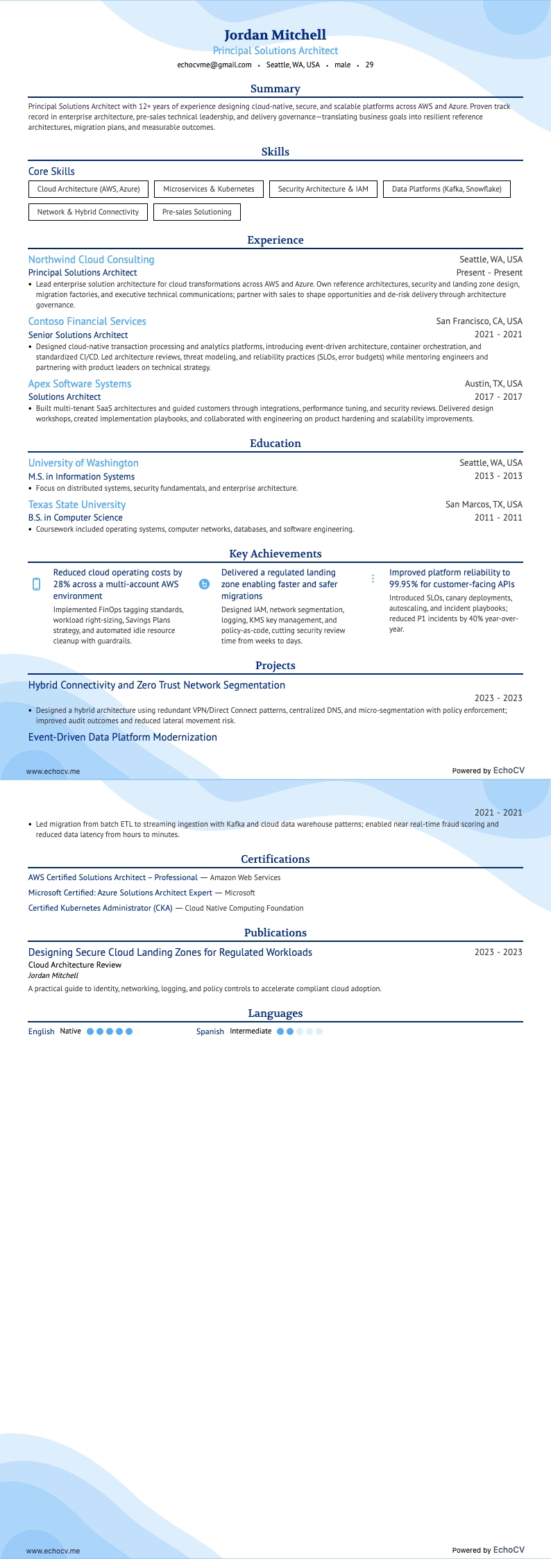 Principal Solutions Architect example resume
