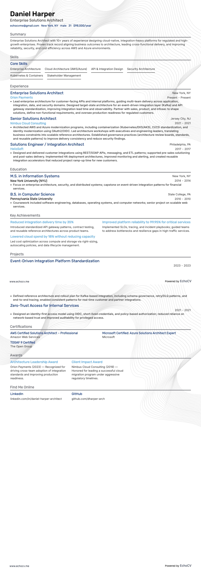 Enterprise Solutions Architect example resume