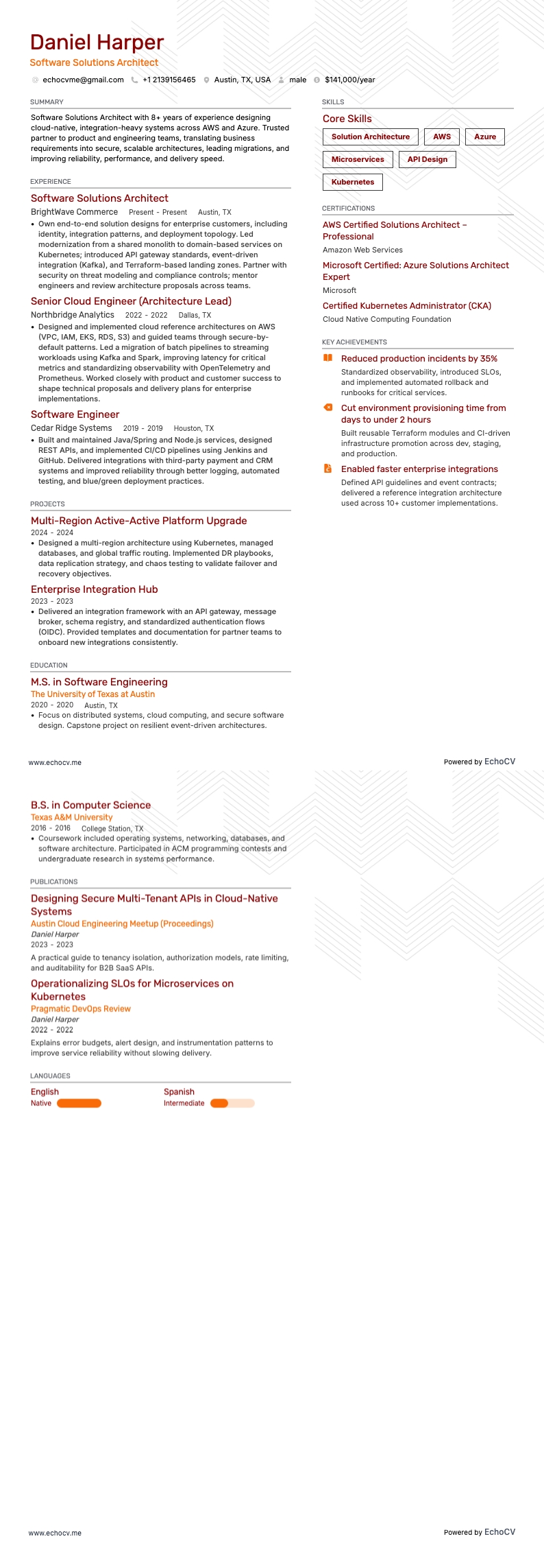 Software Solutions Architect example resume