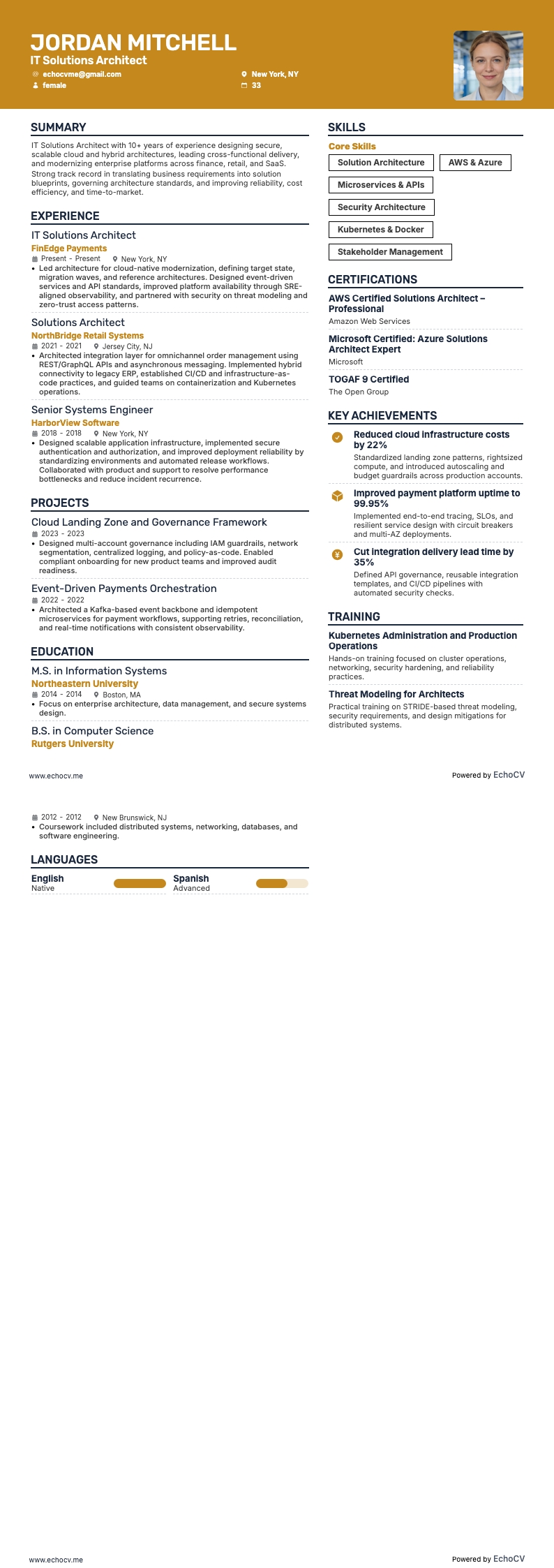 IT Solutions Architect example resume