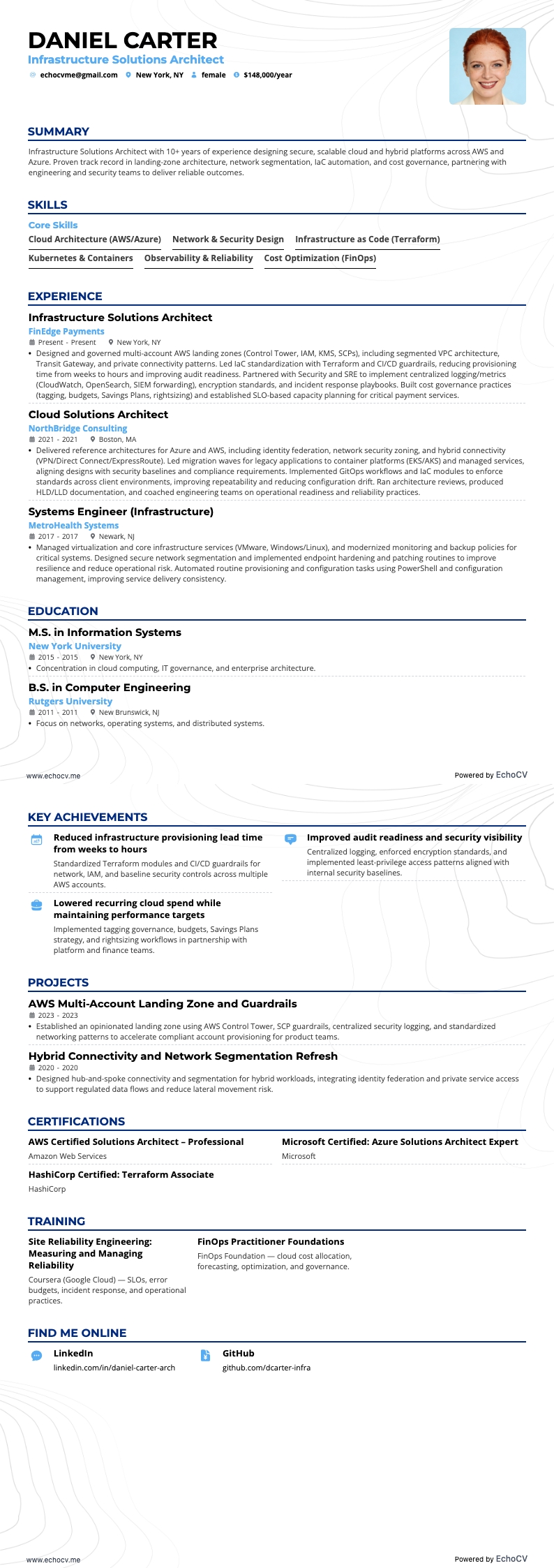 Infrastructure Solutions Architect example resume