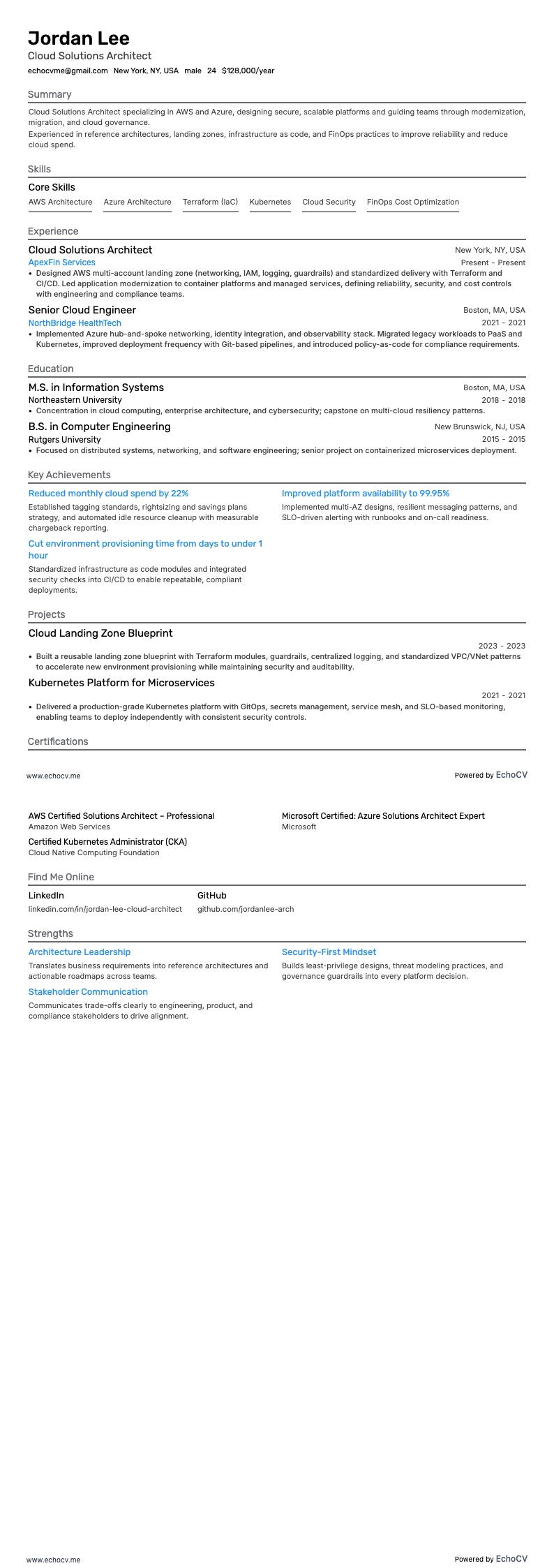 Cloud Solutions Architect example resume
