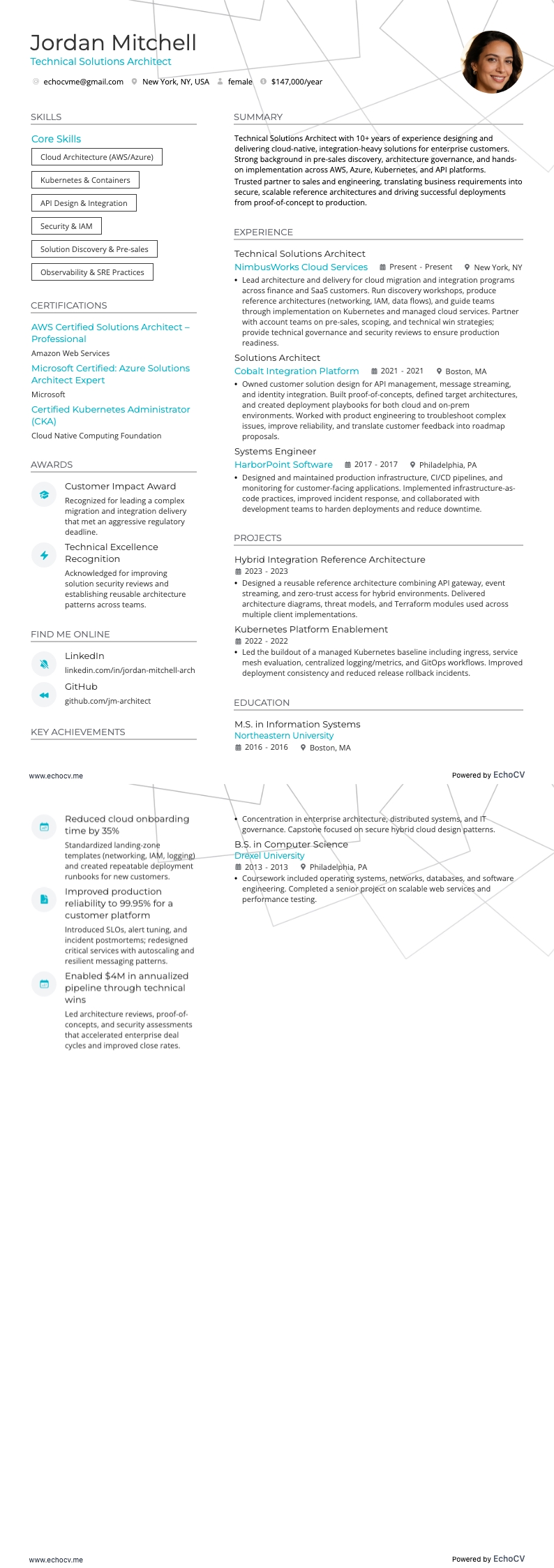 Technical Solutions Architect example resume