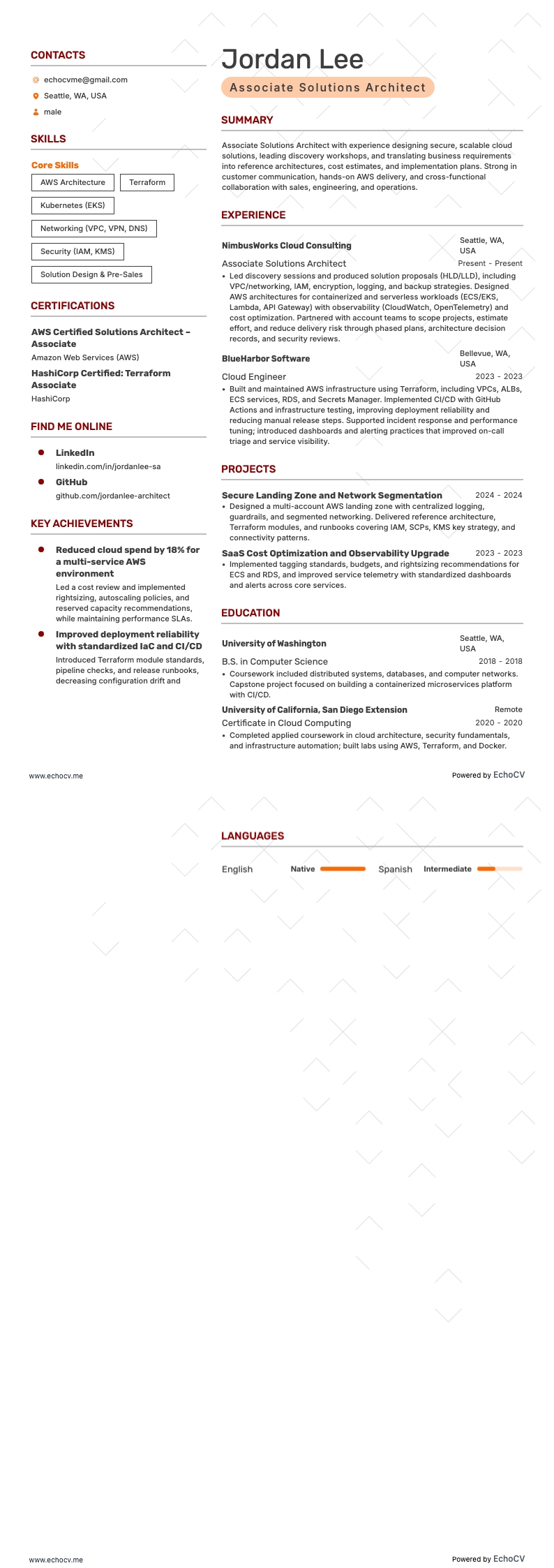 Associate Solutions Architect example resume