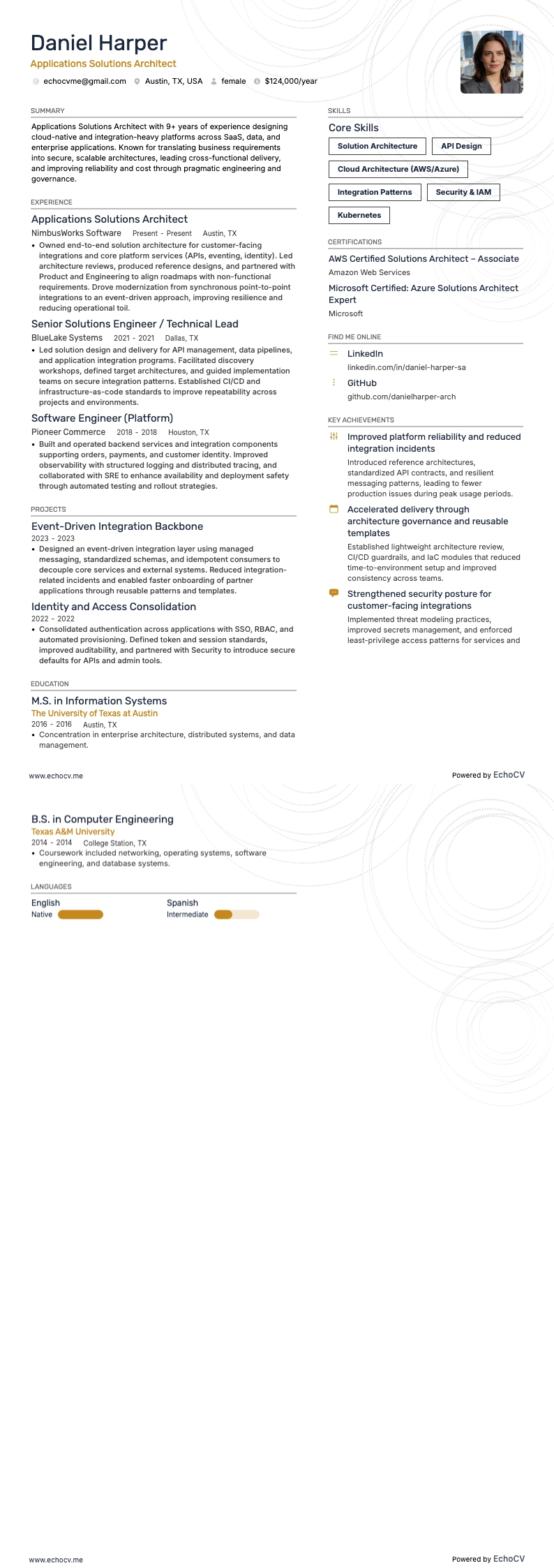 Applications Solutions Architect example resume