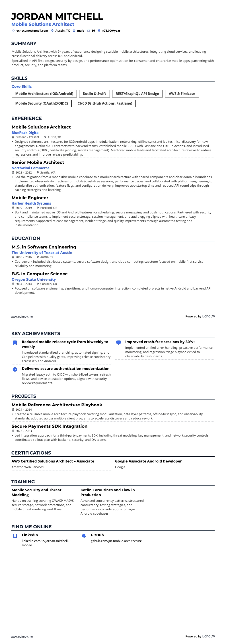 Mobile Solutions Architect example resume