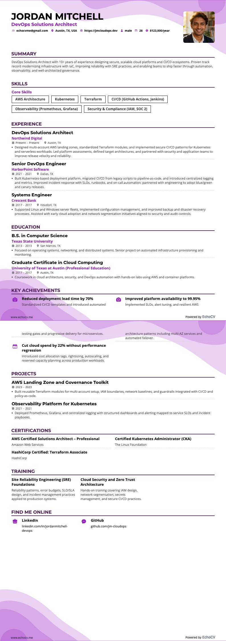 DevOps Solutions Architect example resume