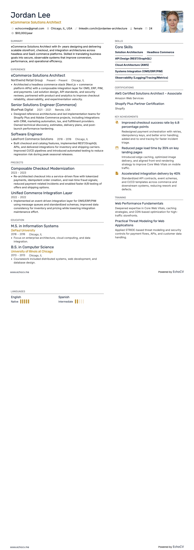 eCommerce Solutions Architect example resume