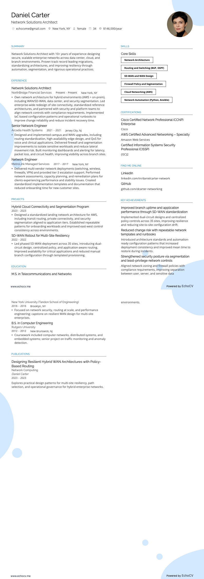 Network Solutions Architect example resume