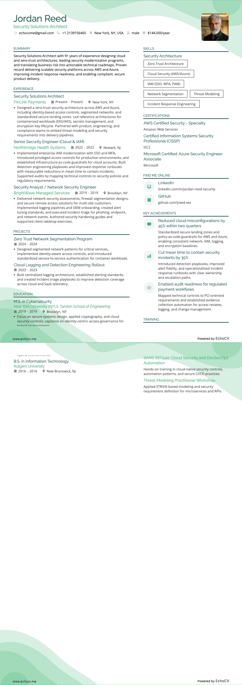 Security Solutions Architect example resume