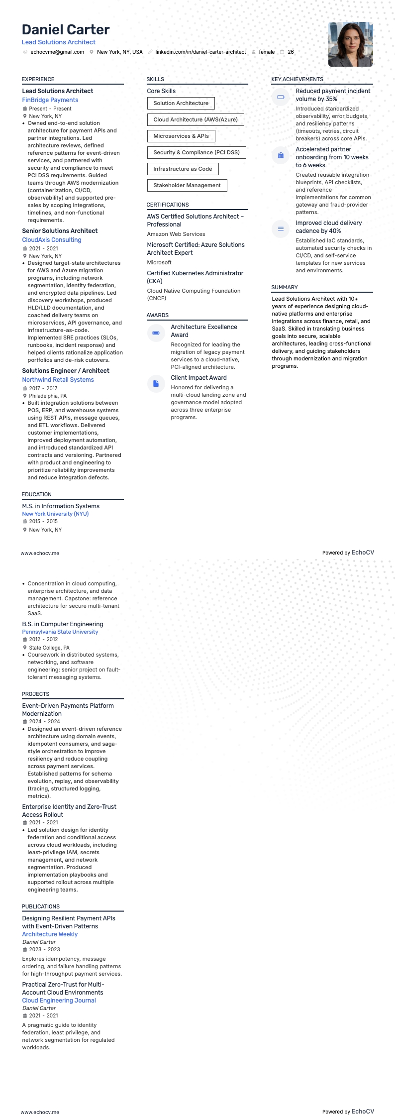 Lead Solutions Architect example resume