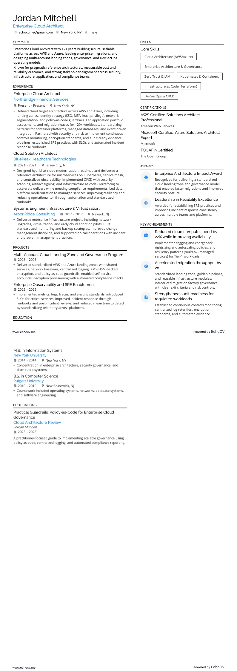 Enterprise Cloud Architect example resume