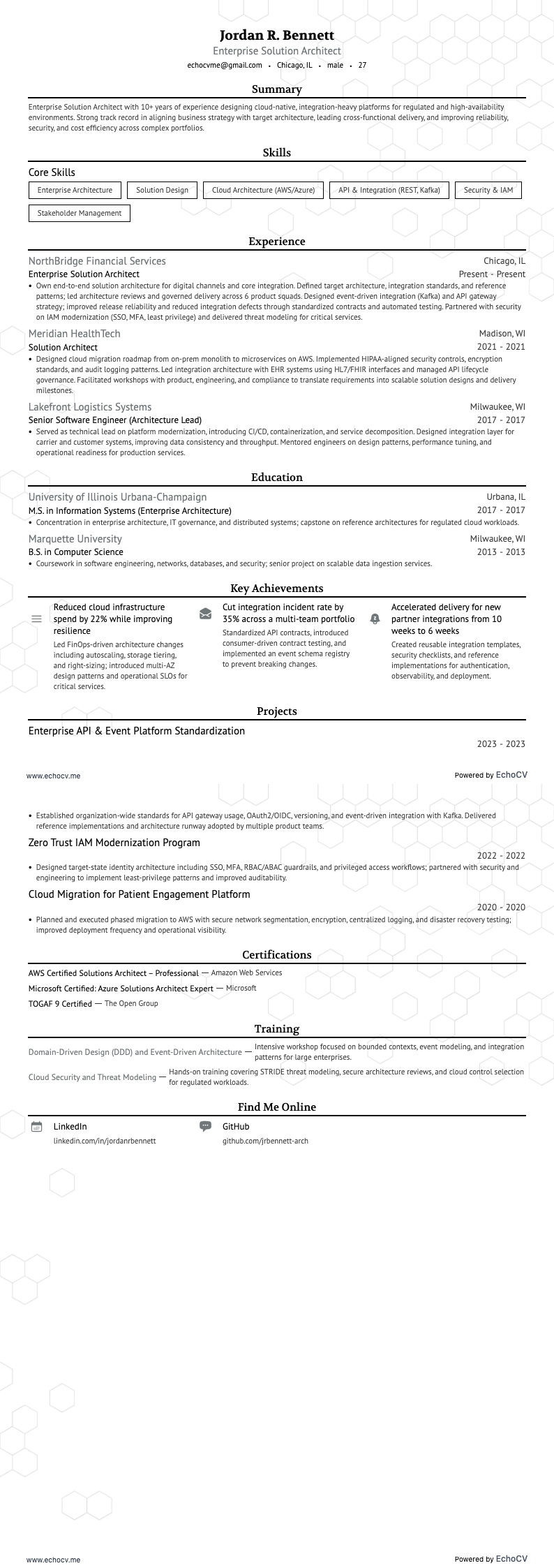 Enterprise Solution Architect example resume