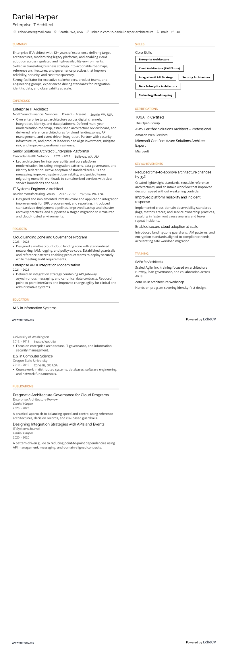 Enterprise IT Architect example resume