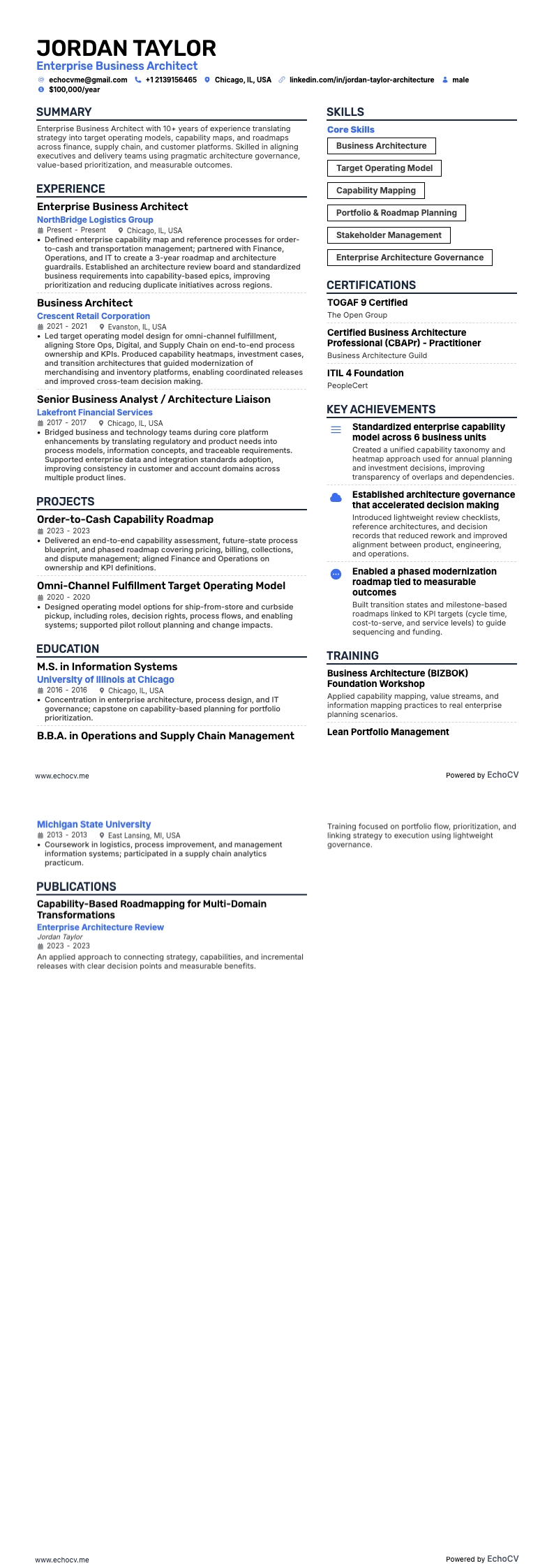 Enterprise Business Architect example resume