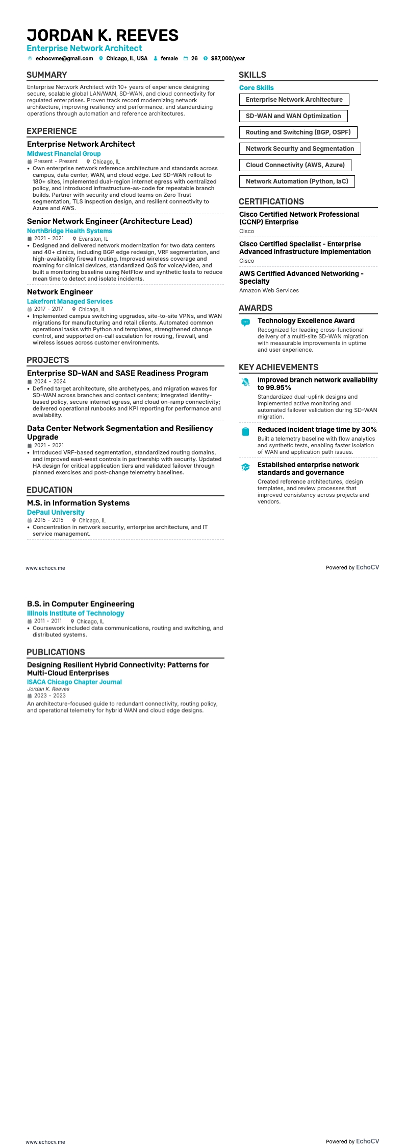 Enterprise Network Architect example resume