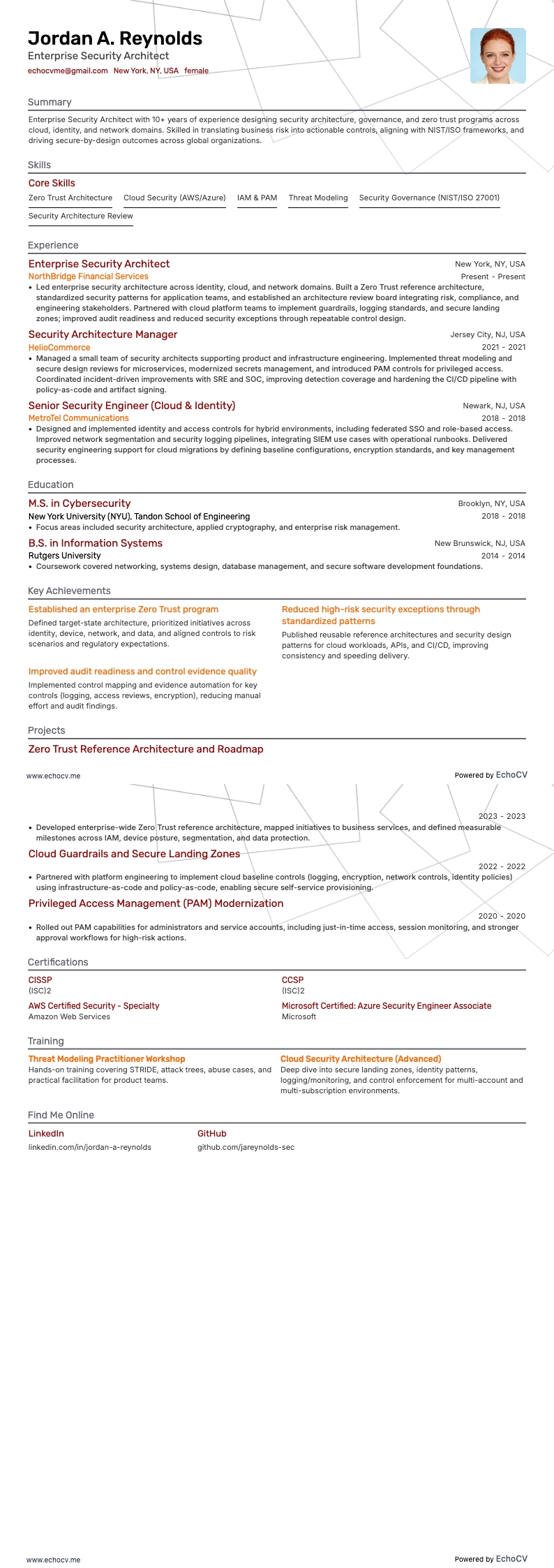 Enterprise Security Architect example resume