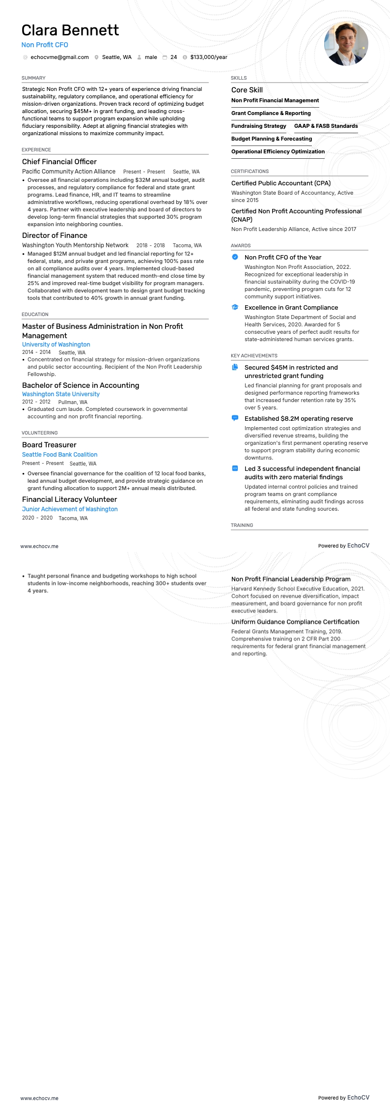 Non Profit CFO example resume