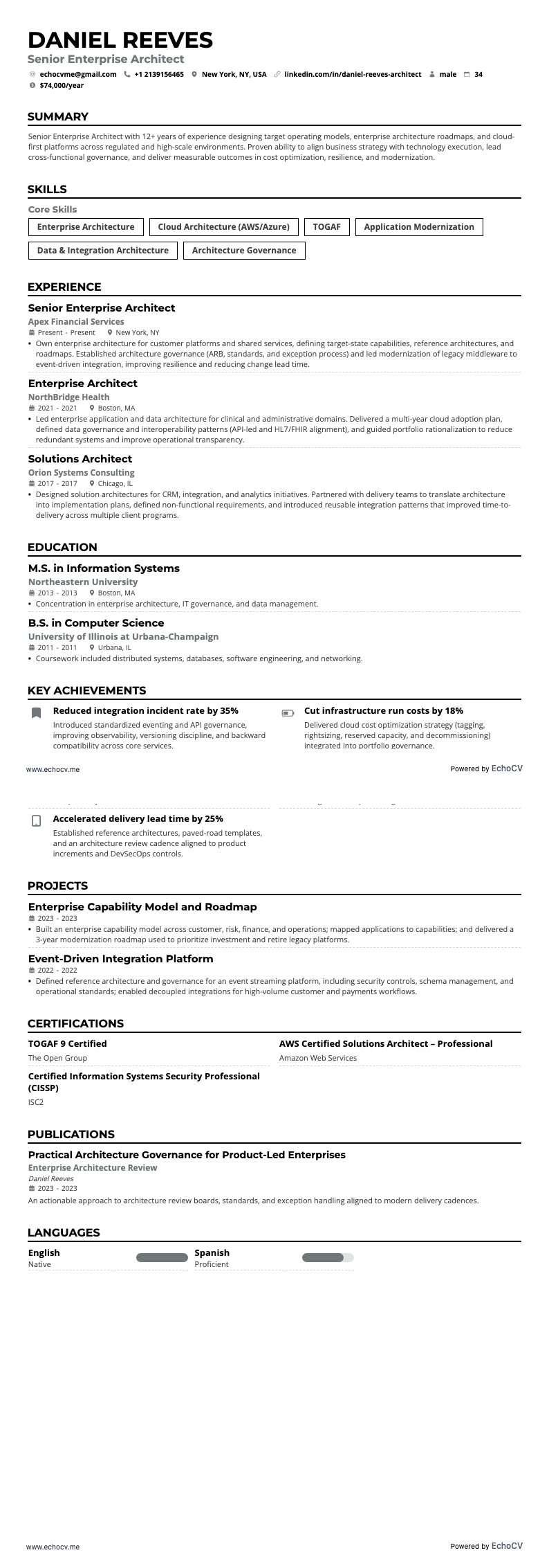 Senior Enterprise Architect example resume