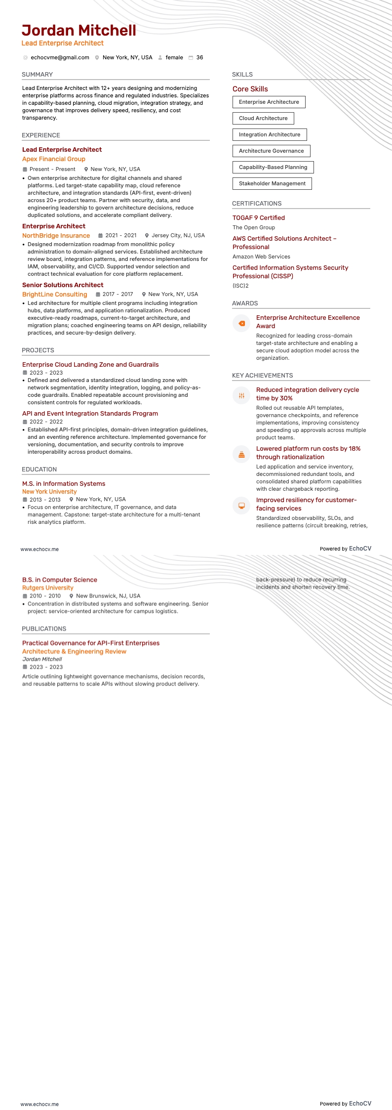 Lead Enterprise Architect example resume