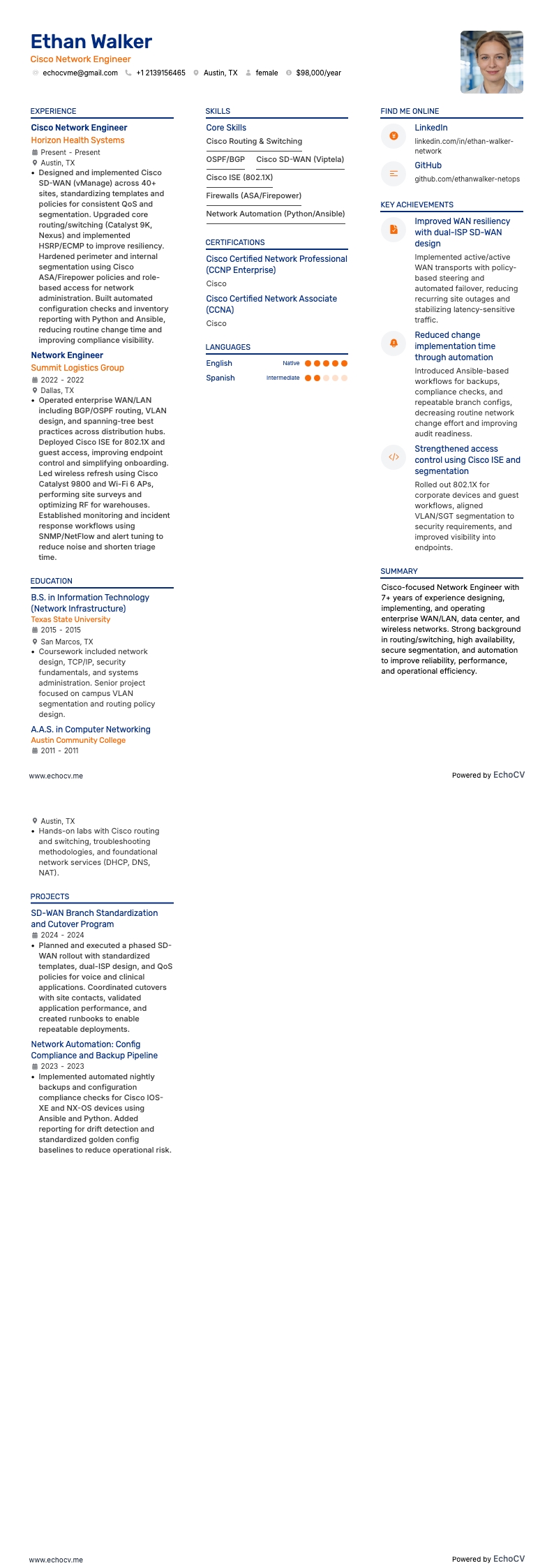 Kỹ sư mạng Cisco example resume