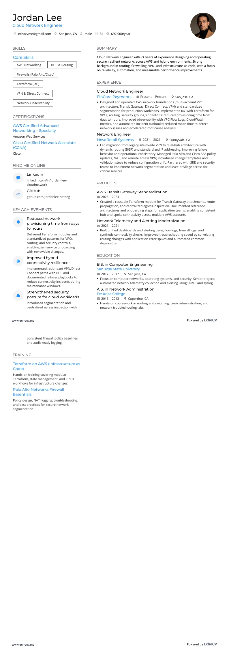 Kỹ sư Mạng Đám mây example resume