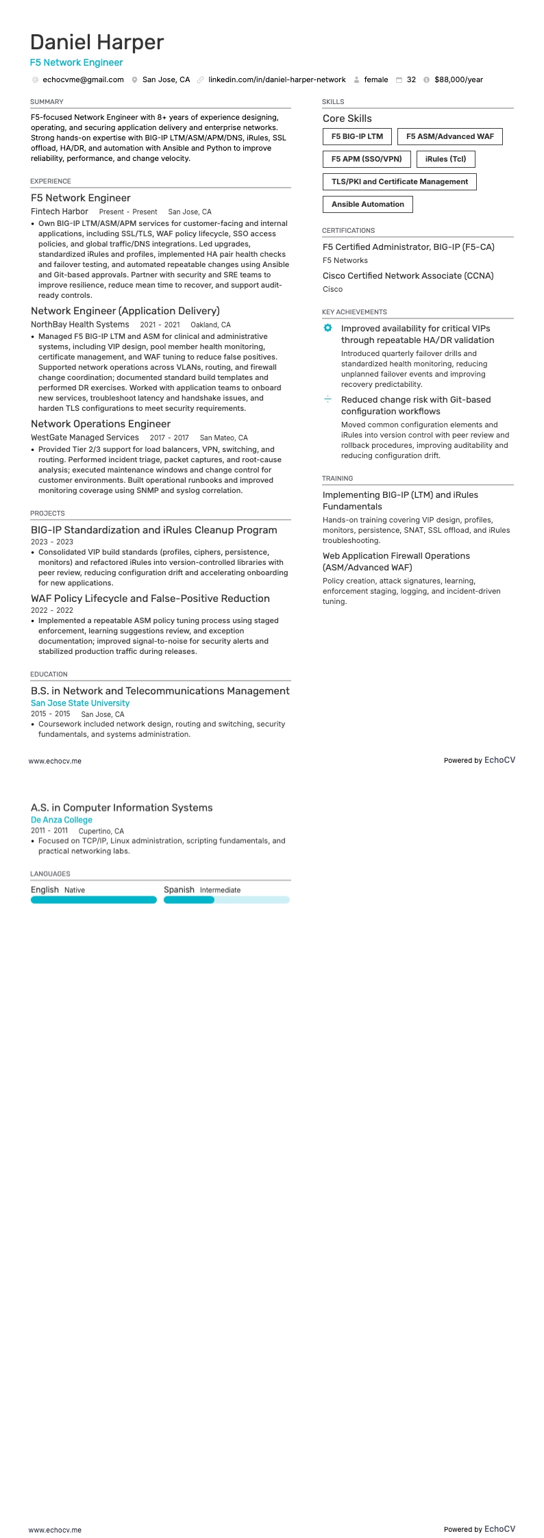 Kỹ sư mạng F5 example resume