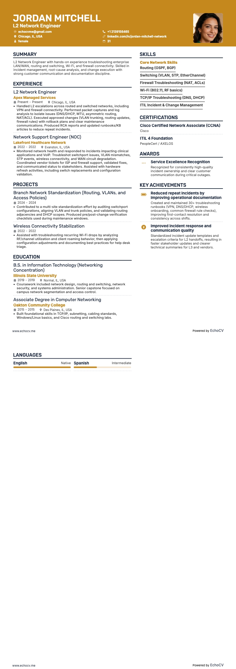 Kỹ sư mạng L2 example resume