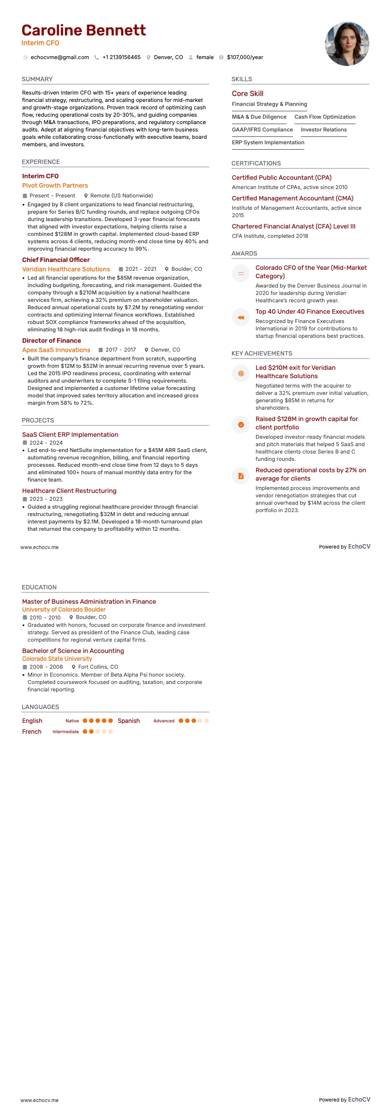 Interim CFO example resume