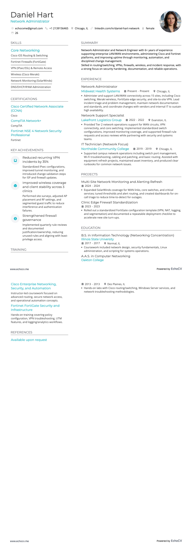 Quản trị viên mạng example resume