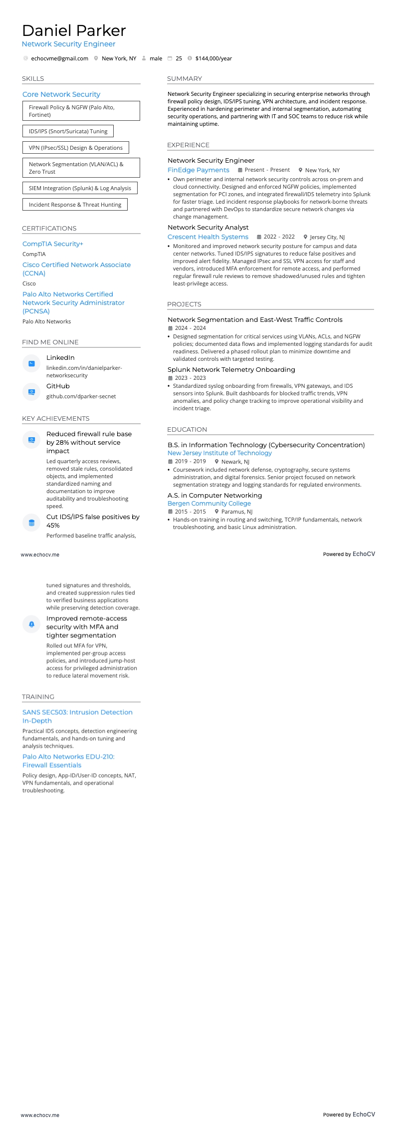 Kỹ sư an ninh mạng example resume