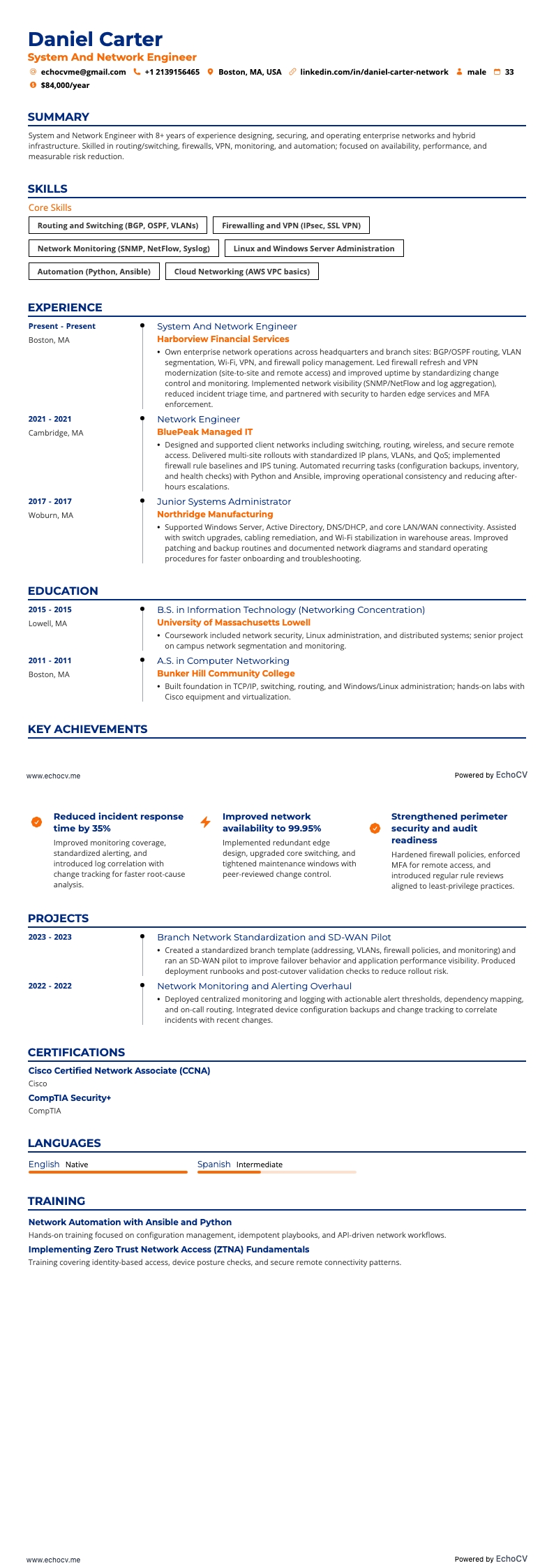 Kỹ sư hệ thống và mạng resume example