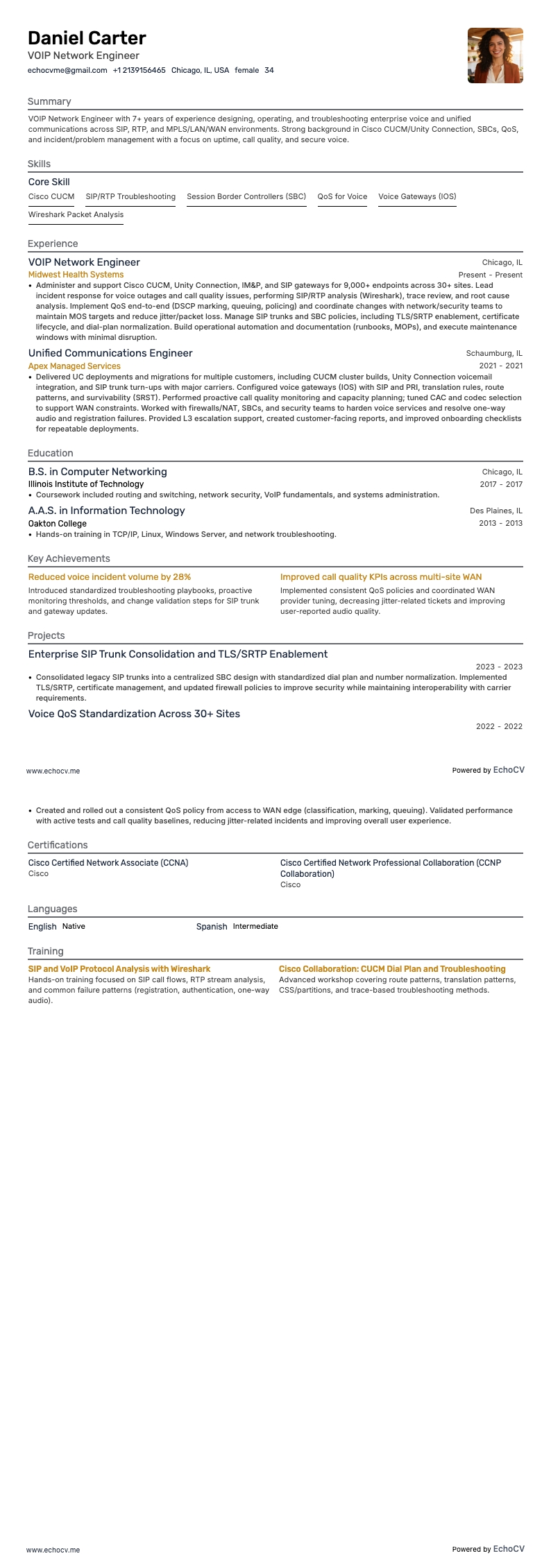 Kỹ sư mạng VOIP example resume