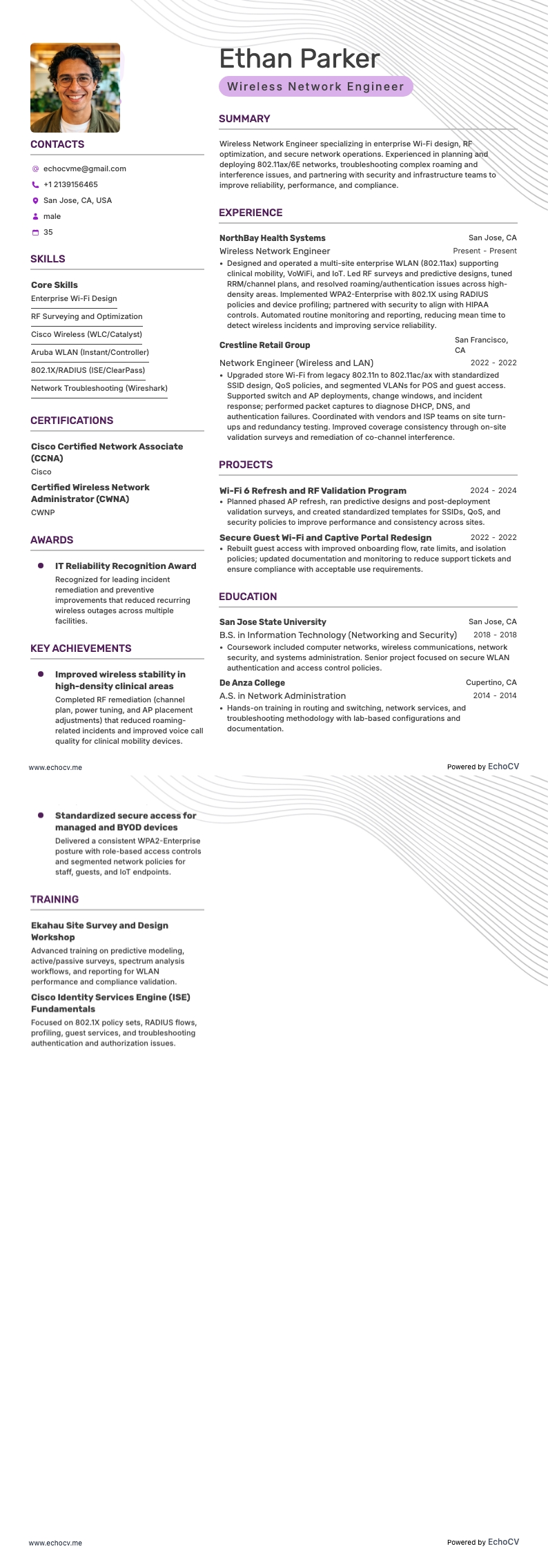 Kỹ sư mạng không dây example resume