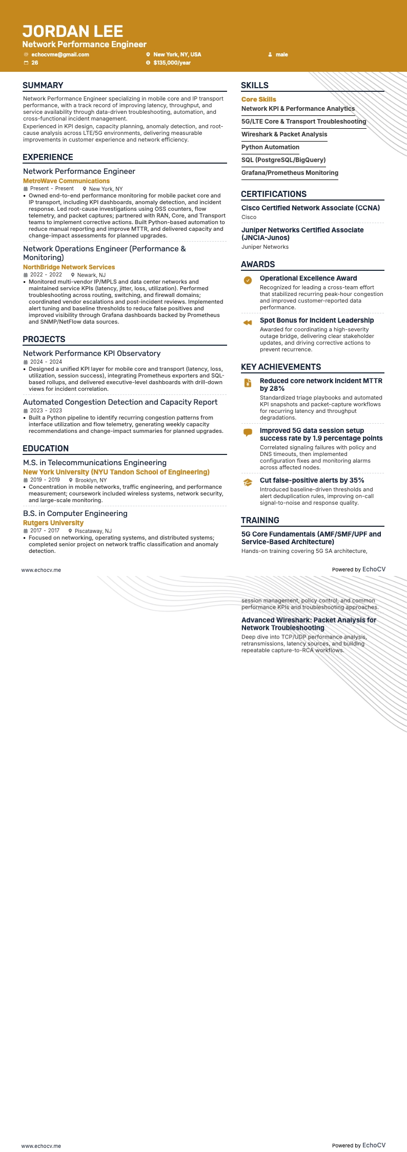 Kỹ sư hiệu năng mạng example resume